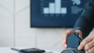 דגם בית כחול על מטבעות ומחשבון, ומאחור מסך עם גרף ואחוזים – מס רכישה לדירה ראשונה